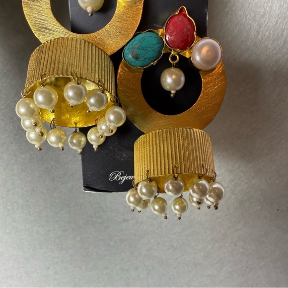 Bansri Women’s Fashion Earrings Coral Turquoise Pearl Gold Tone Dangle Earrings - Picture 6 of 7